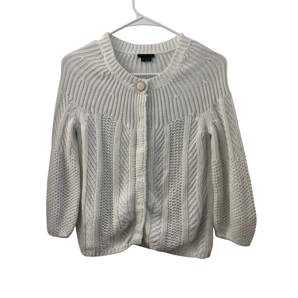 Theory White Linen Cotton Mixed Knit Cardigan Sweater Size S 3/4 Sleeve Snaps